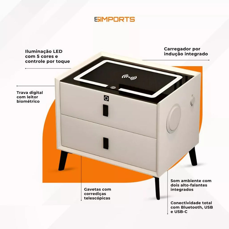 Mesa de Cabeceira Inteligente 2 Gavetas com LED e Bluetooth