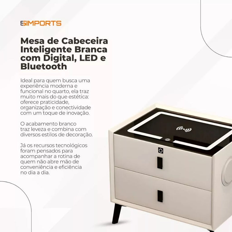Mesa de Cabeceira Inteligente 2 Gavetas com LED e Bluetooth